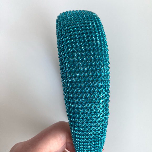 Padded 1.5” Headband with Aquamarine Rhinestone Aluminum Mesh Overlay Handmade - Picture 7 of 8